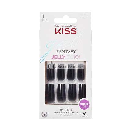 KISS Gel Fantasy Nyomható Körmök Zselés Fekete Hosszú Négyzet Forma, 28 Köröm, 2g Ragasztó, 1 Manikűr Pálca, 1 Mini Reszelő