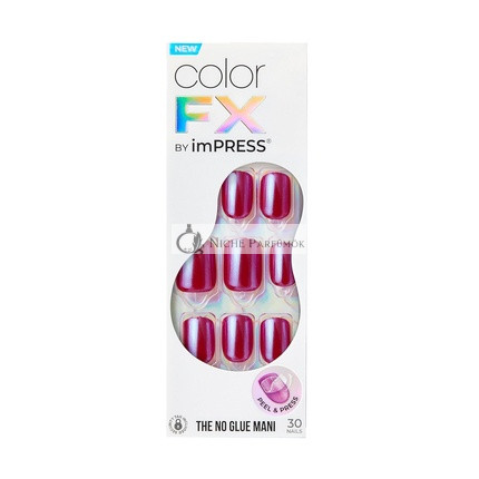 KISS imPRESS No Glue Mani Press-On Nägel Color FX This City Dunkelrot Kurze Größe Squoval Form, 30 Nägel, Vorbereitungs-Pad, Anleitung, 1 Maniküre-Stick, 1 Mini-Feile