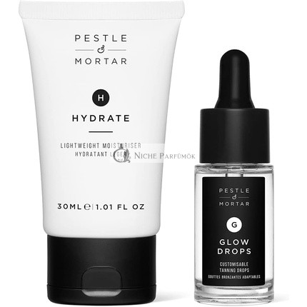 Pestle & Mortar Glowing Duo Selbstbräuner Reise-Set - Anpassbare Sonnenlose Selbstbräunungstropfen mit hydratisierender Anti-Aging-Gesichtscreme - Tierversuchsfrei und Vegan