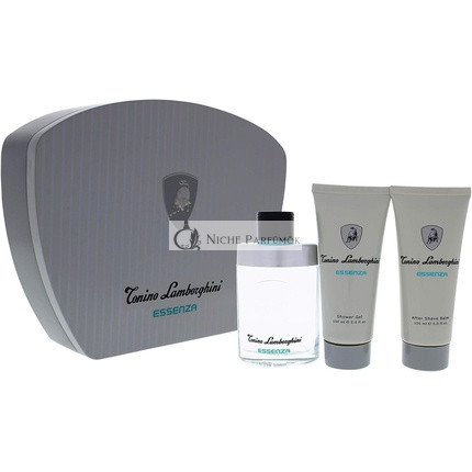 Tonino Lamborghini Essenza Ajándékcsomag Férfiaknak: Parfüm 125 ml, Tusfürdő 150 ml és Borotválkozás Utáni Balzsam 150 ml Fémtartóban