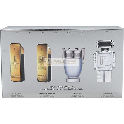 Paco Rabanne Mini Szett Férfiaknak: One Million 0.17 Eau De Toilette, One Million 0.17 Parfüm, Invictus 0.17 EDT, Phantom 0.17 EDT
