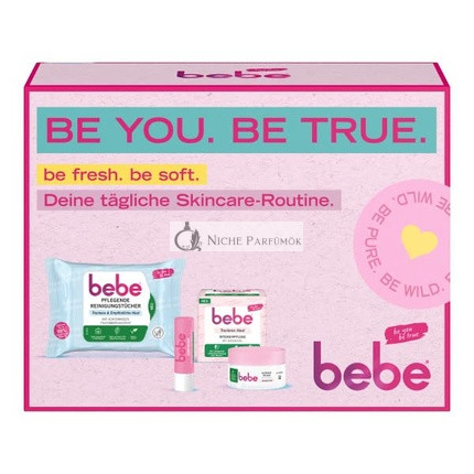 bebe Hautpflege Geschenkset mit nährenden Reinigungstüchern 25 Stück, Intensivpflege 50ml & Sanfte Rosenlippenpflege 4.9g für trockene Haut