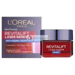   L'Oreal Paris Revitalift Laser Arckrém X3 Háromszoros Hatású Anti-Aging Éjszakai Maszk Pro Retinollal, Hialuronsavval és C-vitamin CG-vel, 50ml