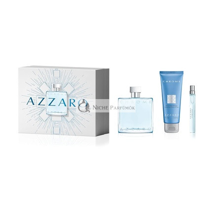 Azzaro Chrome Eau de Toilette - Friss férfi parfüm ajándékcsomag, 3.3 fl oz + utazó spray (0.34 fl oz) + illatos haj- és testsampon (2.5 fl oz)