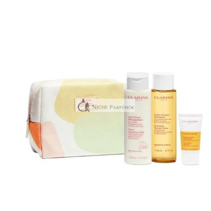 Clarins Tisztító Alapcsomag - Bársonyos Tisztító Tej 200ml + Tonizáló Lotion 200ml + Tápláló Olajradír 15ml + Kozmetikai Táska
