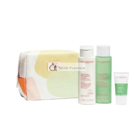 Clarins Prémium Tisztító Készlet Kombinált és Zsíros Bőrre, Velvet Tisztító Tej 200ml, Tisztító Tonizáló Lotion 200ml, Pure Scrub 15ml, Clarins Táska