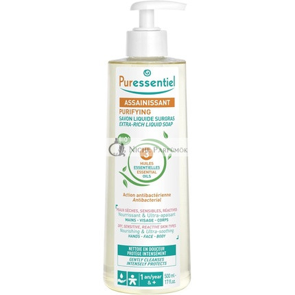 Puressentiel Reinigende Extra-Reich Flüssigseife, 500ml, Antibakteriell, Für Gesicht, Hände, Körper, Für trockene, empfindliche Haut
