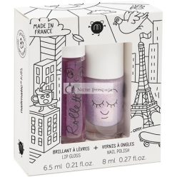   Nailmatic Kids Lovely City Set Gyermek Körömlakk + Ajakfény Gyümölcsízű - Nem Toxikus Körömlakk Lányoknak - Rózsaszín Gyöngyház Körömlakk + Természetes Fekete Ribizli Ajakfény - 5 Éves Kor Felett