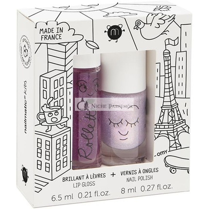 Nailmatic Kids Lovely City Set Gyermek Körömlakk + Ajakfény Gyümölcsízű - Nem Toxikus Körömlakk Lányoknak - Rózsaszín Gyöngyház Körömlakk + Természetes Fekete Ribizli Ajakfény - 5 Éves Kor Felett