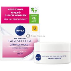  Nivea Gazdag Nappali Krém 24 órás Hidratálás SPF 30, 50 ml, Természetes Mandulaolajjal és Magnóliával