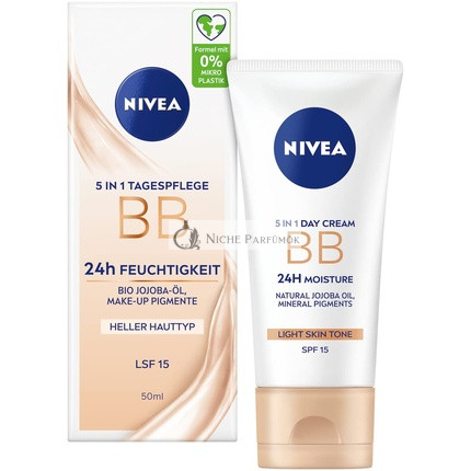 NIVEA 5 IN 1 Tagespflege BB 24h Feuchtigkeitspflege SPF 15 Getönte Creme für Helle Hauttypen mit Bio-Jojobaöl und Make-up-Pigmenten