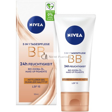 NIVEA 5 AZ 1-BEN Napi Ápolás BB 24h Hidratáló SPF 15 Tinted Krém Közepes és Sötét Bőrtípusokhoz, Organikus Jojoba Olajjal és Smink Pigmentekkel
