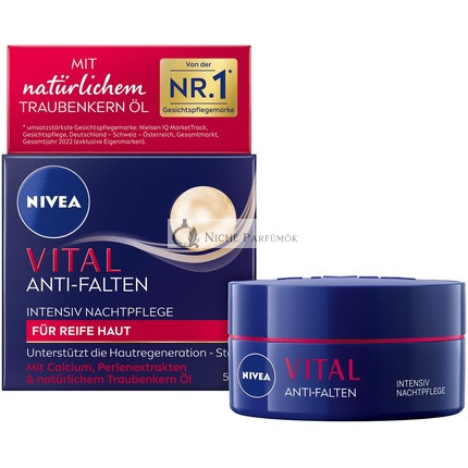 NIVEA VITAL Intenzív Anti-Aging Éjszakai Krém Érett Bőrre, Kalciummal, Gyöngy Kivonattal és Természetes Szőlőmag Olajjal, 50ml