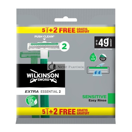 Wilkinson Sword Extra 2 Sensitive Eldobható Borotvák 5 + 2 Darab, Vitamin E csúszócsíkkal a bőrirritáció megelőzésére, Teljes borotválkozási védelem 7 Darab