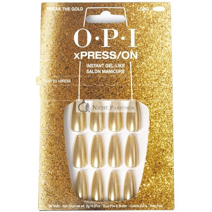 OPI xPRESS/ON Press-On Nägel, bis zu 14 Tage Gel-ähnliche Salon-Maniküre, vegan, nachhaltige Verpackung mit Nagelkleber, lange goldene schimmernde Coffin-förmige Nägel, Goldbruch