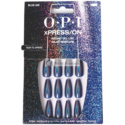 OPI xPRESS/ON Kunstnägel, bis zu 14 Tage lang gel-artige Salon-Maniküre, vegane nachhaltige Verpackung mit Nagelkleber, lange blaue holografische Coffin-Nägel, Blue-Gie