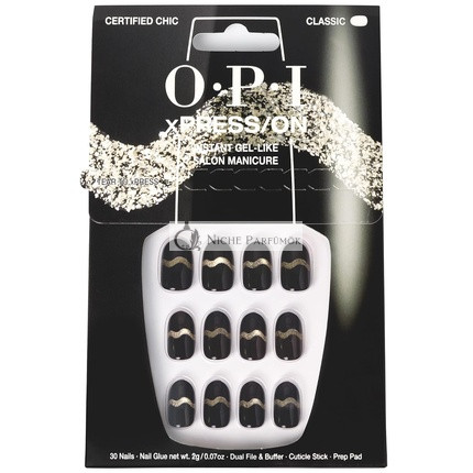 OPI xPress/ON Kunstnägel, bis zu 14 Tage Gel-ähnliche Salon-Maniküre, vegane nachhaltige Verpackung mit Nagelkleber, schwarze und silberne Nagelkunst, kurz, zertifiziert schick