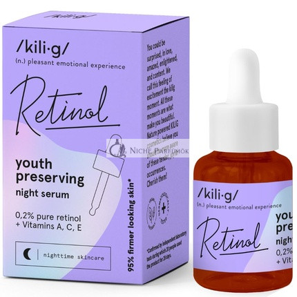 KILIG RETINOL Éjszakai Arcszérum Retinollal, Napi Ápolás Mély Ráncok és Finom Vonalak Ellen, Hidratálja és Megfeszíti a Bőrt, A, C, E Vitaminokat Tartalmaz, 30ml