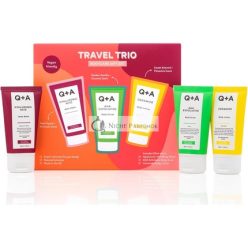   Q+A Utazási Trio Testápoló Ajándékcsomag - Hialuronsavas Testmosó, AHA Hámlasztó Testradír, Ceramid Testápoló - 50ml