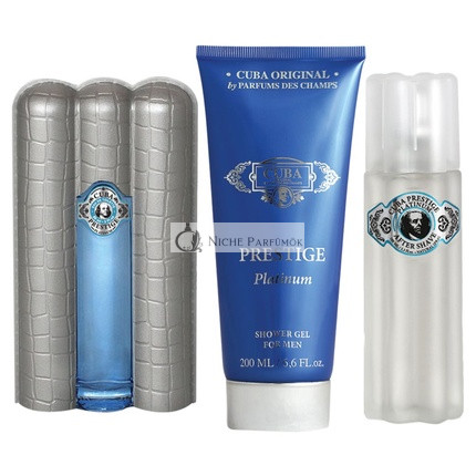 Cuba Prestige Platinum Parfüm Férfiaknak 3 Részes Ajándékcsomag, 85ml EDT Spray, 100ml Borotválkozás utáni, 200ml Tusfürdő