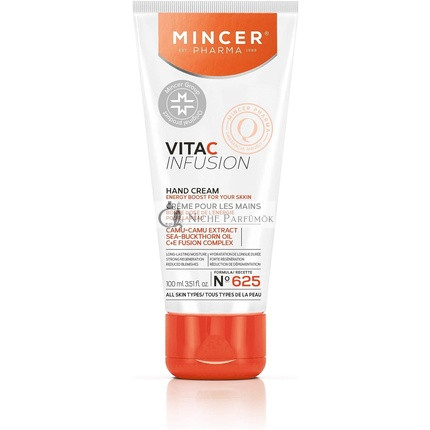 Mincer Pharma Vita C Infusion Feuchtigkeitsspendende und Regenerierende Handcreme für Alle Hauttypen mit Camu-Camu-Extrakt, Sanddornöl, C + E Fusion Komplex, 100ml