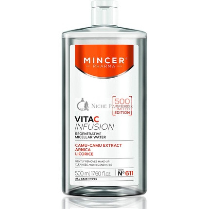 Mincer Pharma Vita C Infúziós Regeneráló Micellás Víz Sminklemosó Minden Bőrtípusra Camu-Camu Kivonattal, Árnikával és Édesgyökérrel, 500ml