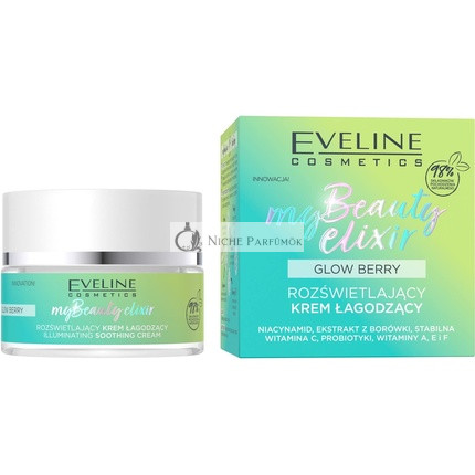 Eveline Cosmetics My Beauty Elixir Glow Berry Ragyogó Nyugtató Krém Anti Wrinkle Hidratálja Táplálja Áfonya Organikus Vegán Formula 98% Természetes Alá Smink 50ml