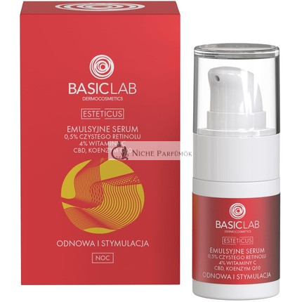 BasicLab Retinolt, Koenzim Q10-t és C-vitamint tartalmazó arckrém, 15ml, Ránctalanító éjszakai szérum nőknek