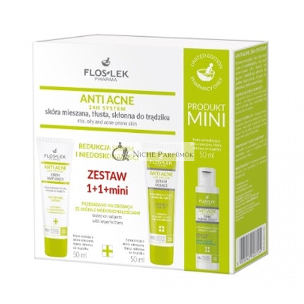 Flos-Lek Anti-Acne 24h Bőrápoló Készlet - 150ml Krém, Szérum és Tonik a Sebum Szabályozásához és a Bőrhibák Korrigálásához