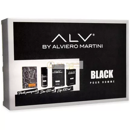 ALV By Alviero Martini Schwarzes Pour Homme Eau de Parfum 100ml, Deodorant 150ml und Reisepasshalter
