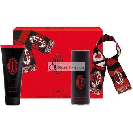AC Milan Ajándékcsomag Dezodor 150ml Tusfürdő 200ml Hivatalos Sál Fás Fűszeres Illat Sportos Intenzív Parfüm Cédrus Musk Amber Illatú Férfi Testápoló Kombó