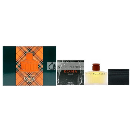 Laura Biagiotti Roma Uomo Geschenkset EDT Spray und Kartenhalter Herrenparfüm Holzig-Zitrus Duft Langanhaltender Duft