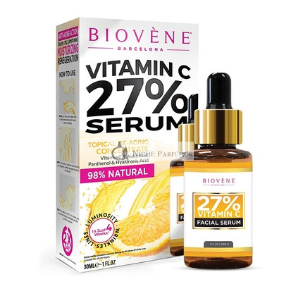 Biovène Vitamin C 27% Serum für das Gesicht, Unterstützt Strahlende und Jugendlich Aussehende Haut