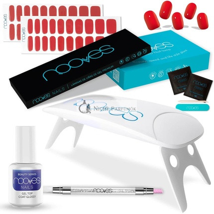 NOOVES Beauty Starter Kit Rot mit 2 Gel-Nagelfolien + UV/LED-Nageltrockner + Gel-Top-Coat Glänzend + Quarz-Doppelseitiger Stick - Premium Gel-Nägel Maniküre Gel-Nagelaufkleber Einheitsgröße Rot