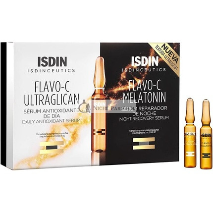 ISDIN Isdinceutics Tages- und Nachtpaket Flavo-C Ultraglican und Flavo-C Melatonin tägliches Antioxidansserum und nächtliches Regenerationsserum